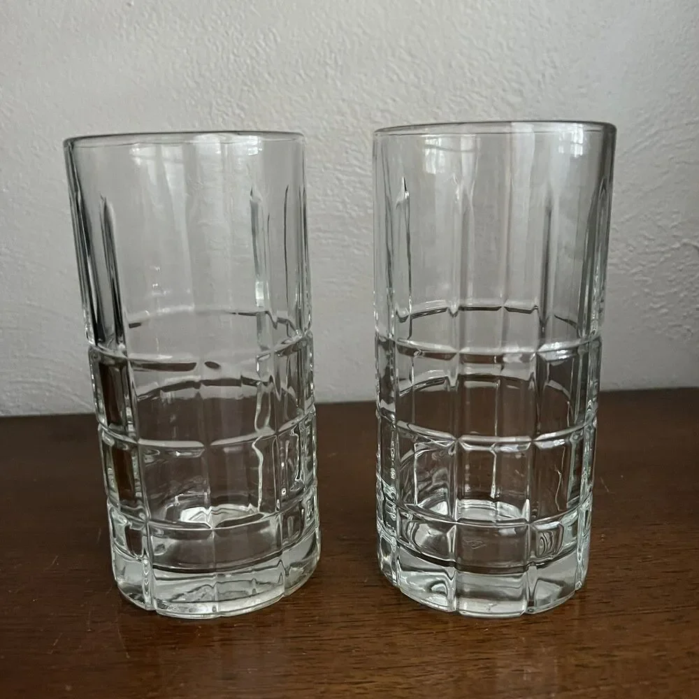 Anchor Hocking Lot of 2 Tall Glasses Tartan Plaid Iced Tea High Ball MCM